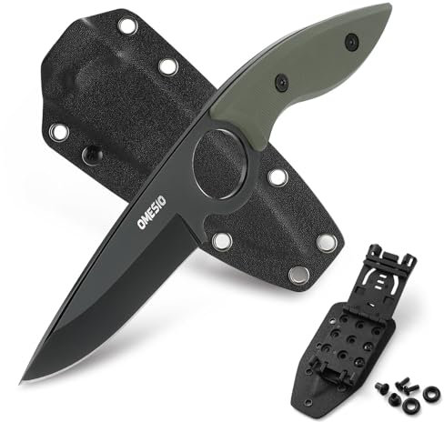 Omesio 5Cr13Mov Stahl Full Tang - Feststehende Messer Klinge 8,5 cm - Gürtelmesser mit Ergonomie G10 Griff und Kydex Scheide - Survival messer Erfüllt Outdoor Camping (Grün + Schwarz)