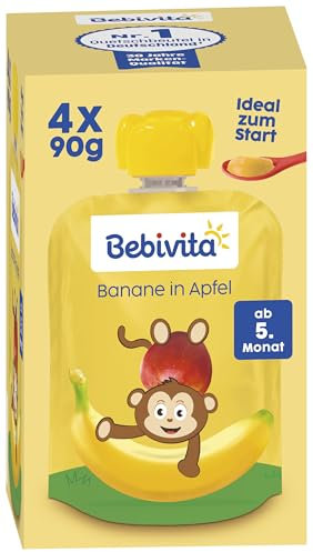 Bebivita Banane in Apfel Quetschie – 16 Stück (4er Pack, je 4 x 90g), ohne Zuckerzusatz, glutenfrei, ideal für Babys ab 5. Monat, perfekt für unterwegs
