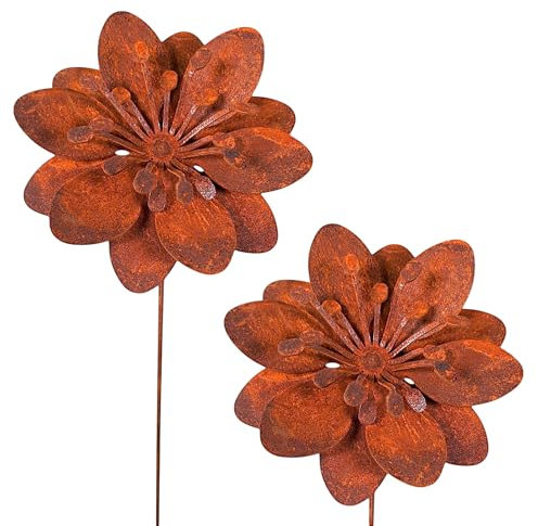 Lot de 2 piquets de jardin en forme de fleur - En métal rouillé - Décoration pour style vintage et maison de campagne - Résistant aux intempéries - Pour jardin et parterre