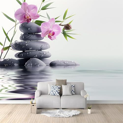 Fotomurales Decorativos Pared Zen 3D Mural Autoadhesivo Pared Orquídea y Piedras Papel Pintado Tela de Seda Papel Tapiz Panorámico 150x105 cm A-1962
