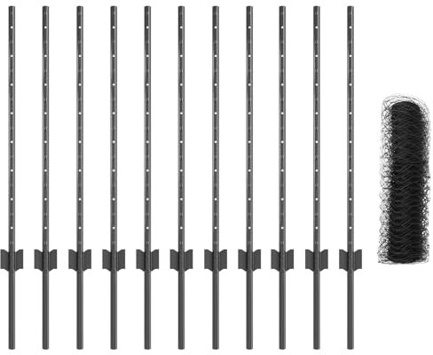 vidaXL Set de Valla Hexagonal de Acero Cubierto de Polvo Gris de | Cercado Metálico Resistente a los UV para Exteriores. Incluye 1 Rollo de Malla y 11 Postes. Diseño Robusto para una Barrera de Jard