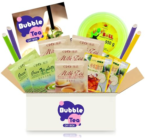 Bubble Tea DIY Set mit Lychee Popping Boba - Für 4 Getränke - 14-teiliges Boba Tee Starter Kit - 3 Teesorten (Milchtee, Grüner Tee, Zitronen-Eistee), Fruchtperlen, Strohhalme, mit Anleitung