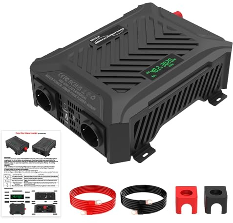 MFUZOP Convertisseur 48V/60V/72V vers 220V 230V Pur Sinus 3000w, Onduleur Onde Sinusoïdale Pure 6000w en Puissance de Crête, avec Tension d’Entrée Réglable, Écran LCD, 2 UE, 1 Type-C, 1 USB 2.1A