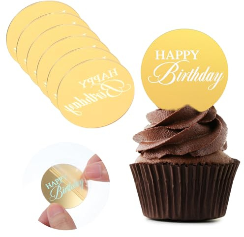 20 Pcs Mirror Acrylic Cupcake Toppers, Round Gold Engraved Cake Picks Personalized Happy Birthday Cake Topper Cakes Disc Decorations for Birthday Party DIY Decorative Supplies