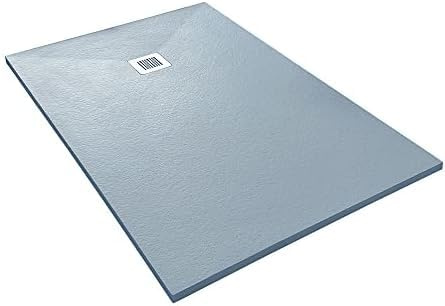 Belvit Duschwanne aus Kompositstein Grau, Schieferstruktur, Größe 140x90 cm, flach und modern, rutschhemmend, robust, inkl. Ablaufgarnitur, einfache Montage
