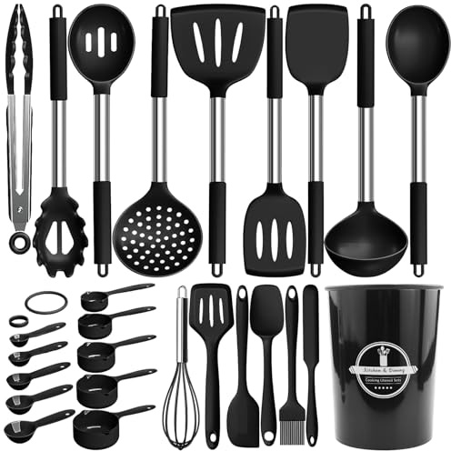 Set di 26 utensili da cucina in silicone, con supporto per utensili e ganci, antiaderenti con manico in acciaio inox