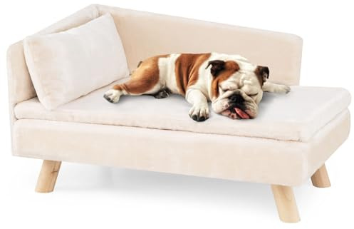 GOPLUS Lyxig kattsoffa, upphöjd hundsäng med ryggstöd, avtagbar kudde och träben, hundsoffa för små hundar, relaxfåtölj, mjuk, kattsoffa för hundar och katter, beige, 83,5 x 54 x 47 cm