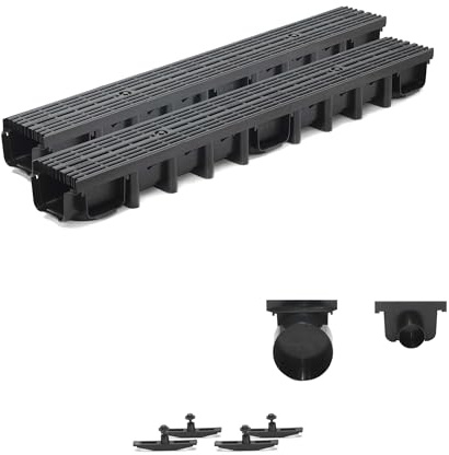 SPEEDPLANT Entwässerungsrinne A15 mit Kunststoffrost Schwarz Line – 2 m Bodenrinne, 1,5 t Belastbarkeit, Tiefe 98 mm, inkl. Zubehör