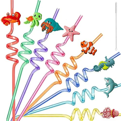 8 Cannucce Riutilizzabili per Bambini con 1 Spazzolino, Cannucce in Plastica Colorate Tema Animali Marini per Feste di Compleanno e Cocktail, Decorazioni Mare (Tartaruga, Delfino, Stella Marina)