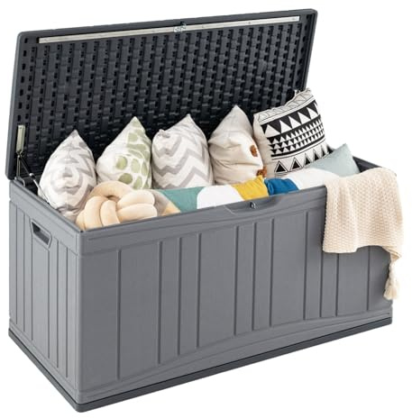 TANGZON 300L/400L Garden Storage Box, Waterproof Outdoor Storage Deck Box with Lockable Lid, Patio Deck Boxes Storage Bin for Cushions Pillows Pool Supplies Tools Sports Equipment (Grey, 300L)