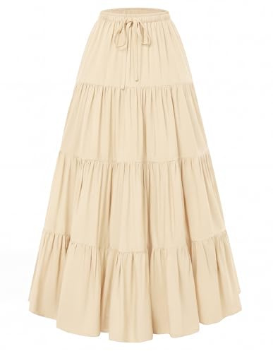 SCARLET DARKNESS Women's Flowy Boho Maxi Skirts Elastic Waist Drawstring A-Line Skirt Renaissance Tiered Long Skirts with Pockets Apricot L