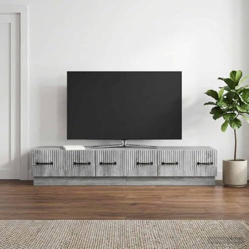 Boltkex TV-skåp, grå Sonoma av trämaterial, 147 x 34,5 x 27 cm, lågbord med 3 lådor, kabelgenomföring, lagringsutrymme för TV, mottagare och spelkonsol i vardagsrummet