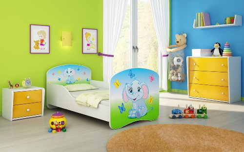 CLAMARO 'Traumland' Motiv Kinderbett 80 x 160 cm inkl. Matratze und Lattenrost, Kantenschutzleisten und Rausfallschutz, Motiv: 27 - Farbiger Elefant Motiv