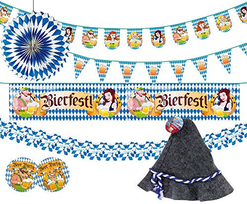 Stylex 14360 Bierfest / Oktober - Bier - Fest Set mit Filzhüten, Girlanden, Wimpelketten, Laternen, Banner und Bierdeckel - weiß / blau - Bayern Look teils mit Motiven