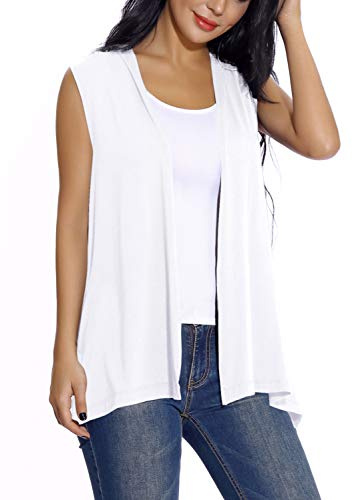 Mujeres Casual Solido Drapeado Cárdigan Ligera Frente Abierto Chaqueta sin Mangas (XXL, Blanco)