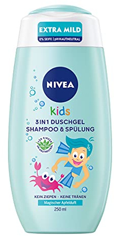 NIVEA KIDS 3-i-1 duschgel, schampo och spray (250 ml), tvätt och rengöring för barn med magischem Apfelduft, extra milde & Seifenfreie Haar - och hudskydd för barn