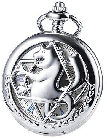 TREEWETO Montre de Poche mécanique à Double Couverture entièrement en métal avec Squelette alchimiste Steampunk pour Homme et Femme avec boîte à chaîne, argenté, Aspect Vieilli