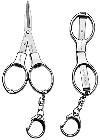 ATIVERE Folding Scissors 2 PCS Foldable Secure TSA Keychain Scissors All Purpose, Stainless Steel Retractable Badge Reel Scissors for Office, Travel, Fishing