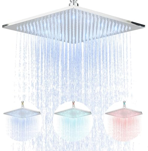 NeierThodore Cabezal de ducha LED de latón cromado de 12 pulgadas, rociador de ducha con parte superior cuadrada, 3 colores cambiantes, cabezal de ducha de baño de alta presión