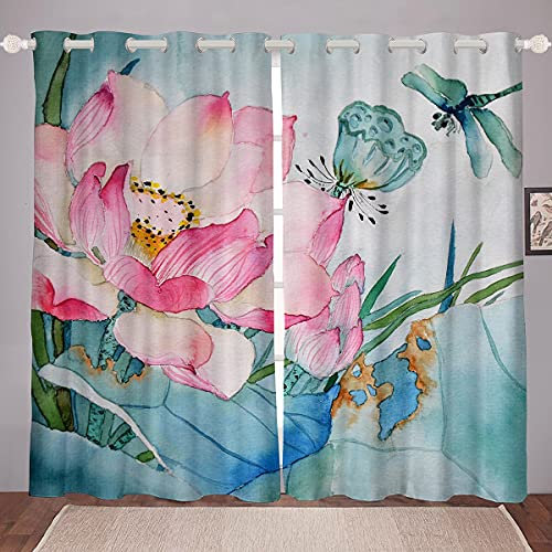 richhome Lotus Fenstervorhang 245x140cm,Aquarell Lotusblumen Vorhänge für Kinder,Sommerzeit-Libelle Gardine 2er-Set Fenster Vorhänge
