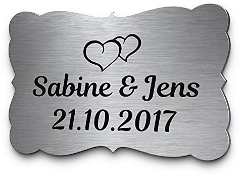 Hochzeitsschilder Edelstahl mit individueller Gravur zB Datum & Name | Personalisierte Hochzeitsgeschenke Silberhochzeit Just Married Mr und Mrs | Viele schöne Designs zB Herzen