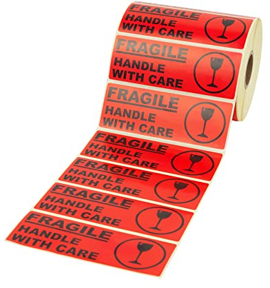 PROLAC – „Fragile Handle with Care“ Warnhinweis Aufkleber (Warnaufkleber) für zerbrechliche Warensendungen – Sticker selbstklebend – 1000 St. pro Rolle – Warnetiketten Bruchgefahr – Etiketten Rot