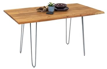 SAM Esszimmertisch 140x80cm Hannah, echte Baumkante, Akazienholz naturfarben, massiver Baumkantentisch mit Hairpin-Gestell Silber