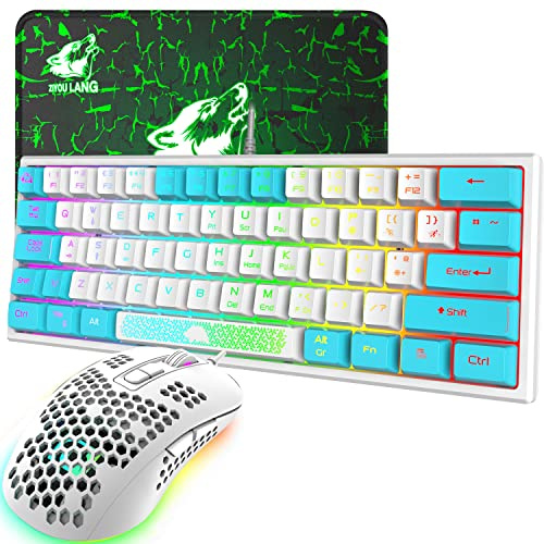 K61 UK Layout RGB 60% Gaming Tangentbord Mus Set Kabelansluten 62 nycklar Mini Portable 7 RGB LED Bakgrundsbelyst 19 tangenter Anti-ghosting + 2400 DPI Ultralätt spelmus + Musmatta - Vit Blandat