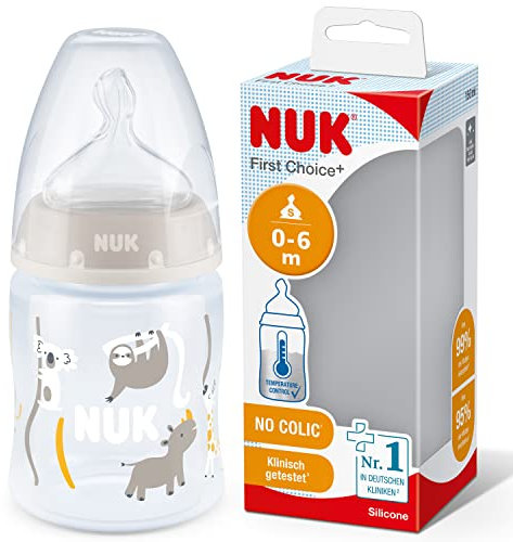 NUK First Choice+ Baby Bottle | 0-6 Months | Temperature Control Display | 150ml | Anti-Colic Valve | BPA Free | Silicone Teat | Grey Sloth