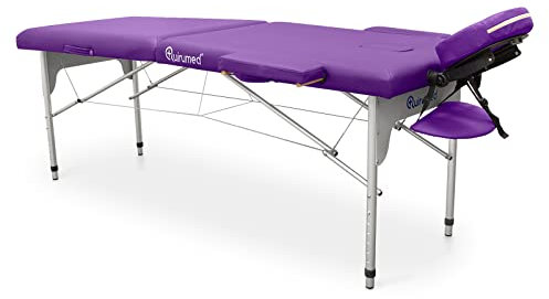 Quirumed Klappbare Massageliege aus Aluminium Easy, 186 x 66 cm, Farbe Violett, Kunstleder, leicht, tragbar, Abnehmbarer Kopf, Gesichtsloch, abnehmbare Arme, höhenverstellbar, bis 140 kg
