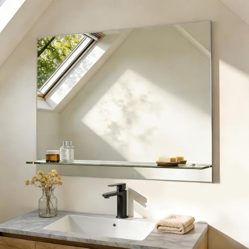 S'AFIELINA Spiegel mit Ablage 80x60 cm, Rahmenloser Badspiegel | Badspiegel mit Ablage für Badezimmer & Gäste-WC, Klassischer Wandspiegel mit Glasablage, Kupferfreies Glas