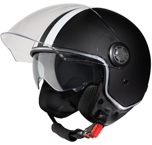 VINZ Parchi Jethelm mit Doppelvisier | Roller Helm Fashionhelm mit Streifen | In Gr. XS-XXL | Motorradhelm mit Sonnenblende | ECE 22.06 Zertifiziert - Mattschwarz