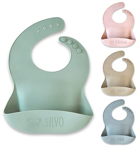 Stellasticker - Bavaglino in silicone personalizzato per bambini – lavabile in lavastoviglie – con tasca raccoglipappa – regolabile e senza BPA – ideale da 0 a 4 anni (Rosa chiaro)