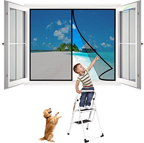 Fliegengitter Insektenschutz, 205x225 cm Fenster Rollo Insektenschutzrollo Ohne Bohren Kinderleichte Klebemontage- Schwarz H