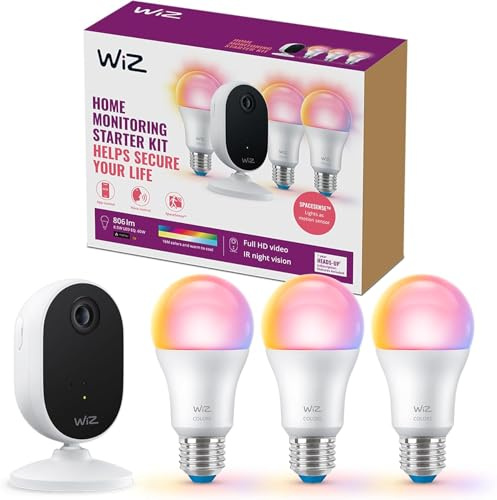 WiZ Starter Kit Security, 3 Lampadine WiFi, Luce Bianca o Colorata Telecamera per Interni, Visione Notturna, Audio Bidirezionale, Notifiche Push