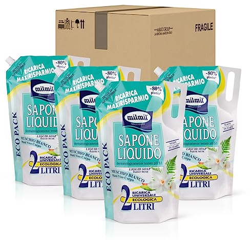 Milmil Sapone Liquido, Fragranza Muschio Bianco, Ricarica Universale Maxirisparmio, Dermatologicamente Testato - 4 x 2000 ML