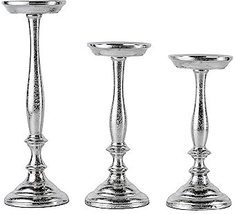 Kerzenständer 3er Set Kerzenhalter Metall Silber Deko - Kerzenleuchter Modern für Stumpenkerzen- Tischdeko Hochzeit - Dekoration Wohnzimmer - H 24, 26 und 33 cm