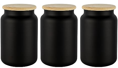 TREND FOR HOME 3 Schwarze Vorratsdosen Glas mit Deckel aus Holz Luftdicht 970 ml Glasbehälter Vorratsgläser Set Tee Müsli Aufbewahrung Kaffeebohnen Behälter Gewürzgläser | Eco Storage | Mattschwarz