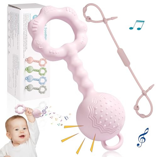 Babyspielzeug 0-6 Monate，Tikplus Montessori Baby Rassel und Beißring, BPA-frei Silikon Greifling Baby Sensorik Feinmotorik Spielzeug, Zahnungshilfe für 3+ Monate Junge, Mädchen (Rosa)