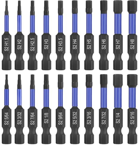 HPHOPE Impact Sechskant Bit Set 20 Stück, HEX H1,5 - H8 und 5/64 - 5/16 | 1/4 Sechskantschaft mit Magnetismus, S2-Stahl mit Rostschutzlack, Metrisch(10 Stück) und SAE(10 Stück), Länge 50mm
