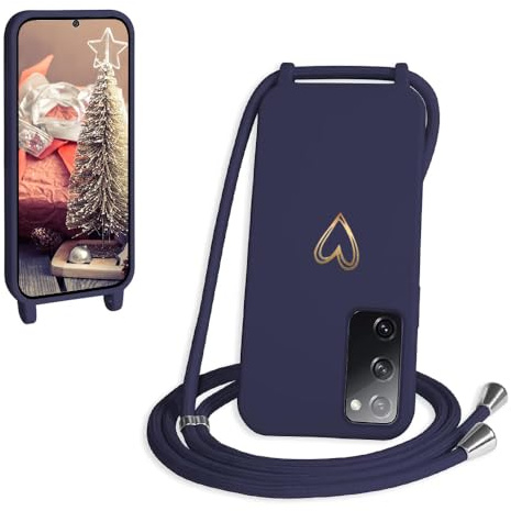 CaseLover Handyband für Samsung Galaxy S20 FE 5G Hülle mit Band, Navy Blau | Herz Muster, Silikon Necklace Handyhülle mit Abnehmbar Kordel zum Umhängen, Stossfest Bumper Handy Schutzhülle Case
