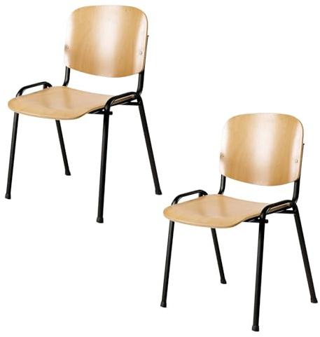 Topsit 2er Set Besucherstuhl, Bequemer Konferenzstuhl, stapelbar, mit Sitz und Rückenlehne aus Holz. (Schwarzer Gestell)