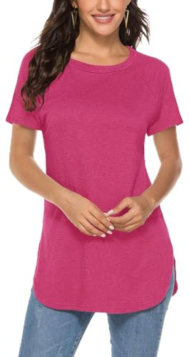 Newchoice Camiseta casual de manga larga de murciélago para mujer, cuello redondo, básica, suelta, Rosa fucsia (y-hot pink), M