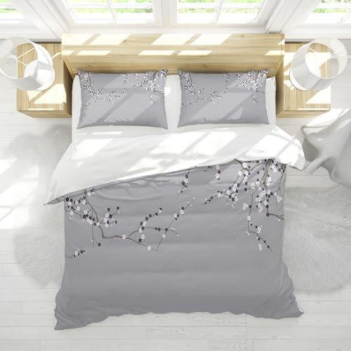 DINGSION Bettwäsche-Set im chinesischen Stil 3-teilig gelb Ginkgo Biloba Blätter niedliche Vögel gewaschen Schlafzimmer Bettwäsche-Set mit 2 Kissen Shams Reißverschluss 180 x 220 cm