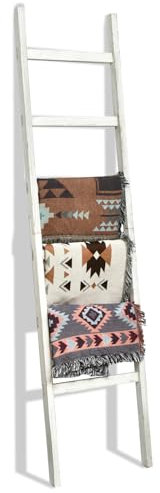 FUIN 6.4ft Extra Wide Wooden Blanket Ladder Living Room Decorative Wal Leaning Farmhouse Quilt Display Holder Rustic Wood Towel Rack for Bathroom, White, 18.5 inch wide