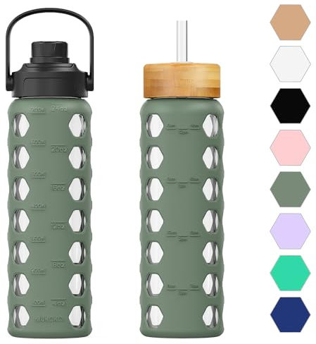 HYDRAGLAZIC 700ML Glaswasserflasche mit 2 Deckel Flip und Bambusstroh Deckel Sport Wasserbecher mit Zeiterinnerung und Silikonhülle Auslaufsicher BPA-frei, Oliver