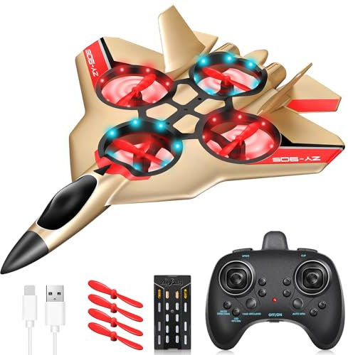 JONRRYIN RC Flugzeug, 2,4 GHz Ferngesteuertes Flugzeug für Kinder mit LED, RC Flugzeug Spielzeug mit Batterien und 4 Achsen Gyro Stabilisator für Kinder und Erwachsene Spielzeuggeschenk (Gold)
