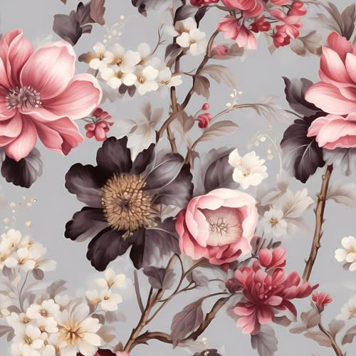 VEELIKE Carta da Parati Adesiva Muro Floreale Grigio Rosa Vintage 44.5 cm × 300 cm Carta da Parati Fiori Grigio Rossa Fotomurali da Parete Camera da Letto Bagno Pellicola Adesiva per Mobili Fantasia