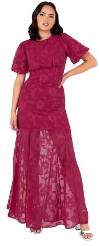 Anaya with Love Dam maxi klänning dam rund hals puffärm chiffong nyckelhål bak empire linje blommig jacquard bröllop gäst kväll dam, körsbär, 42