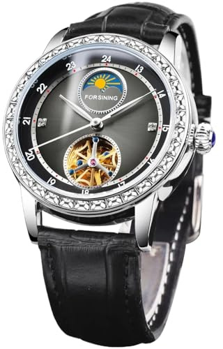 DAXIAOYU Elegant skelett för män Tourbillon mekaniska klockor diamant infattning lyxig jade grön svart urtavla månfas klocka äkta läderrem automatiska armbandsur för män, Svart, Lyx